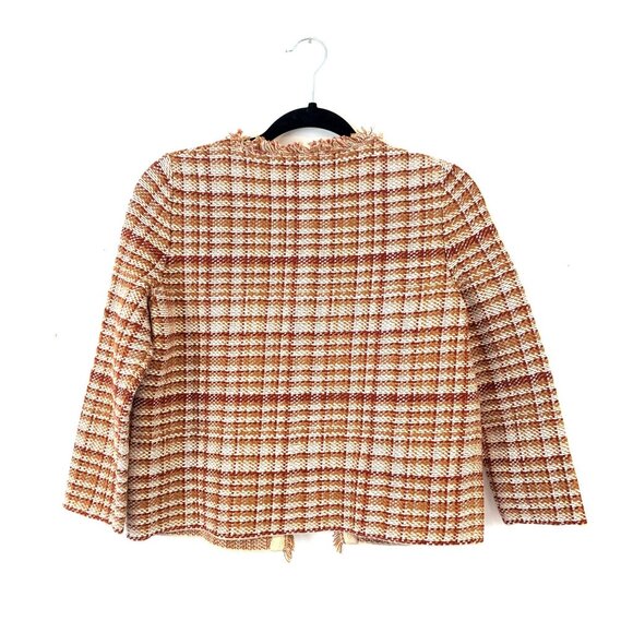 Weekend MaxMara Tilly Tweed Open Front Blazer Fringe Trim Flax Linen Plaid S - Picture 6 of 9